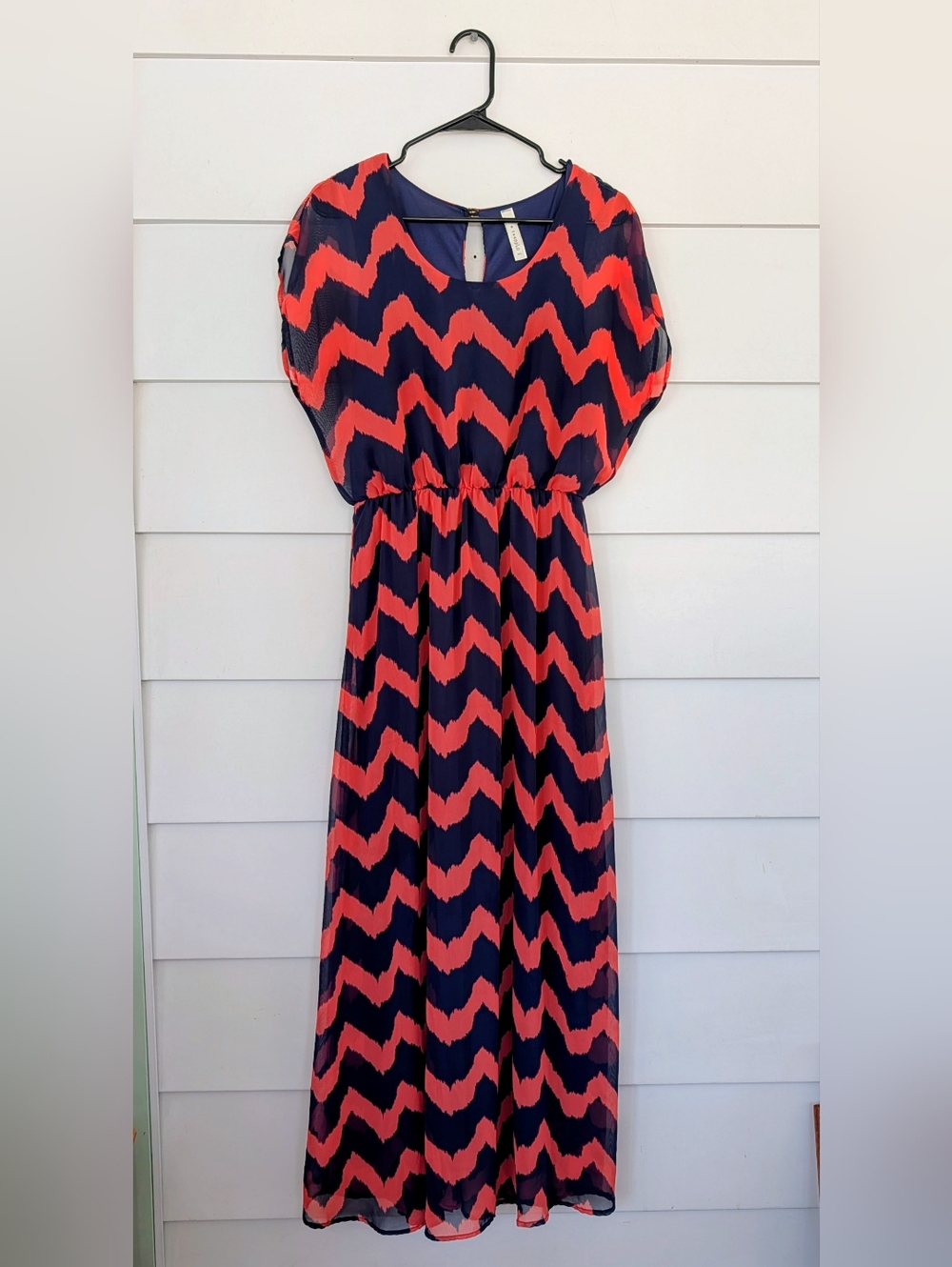 Women's Navy and Coral Chevron Maxi Dress, L